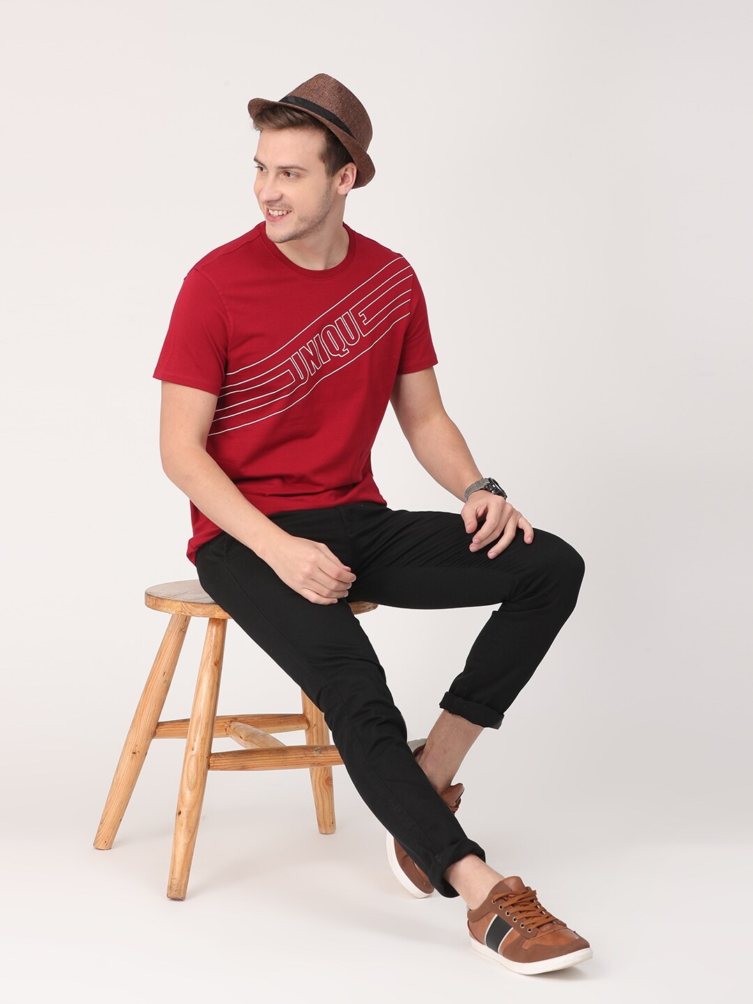 

Mast & Harbour Men Burgundy Typography Printed T-shirt