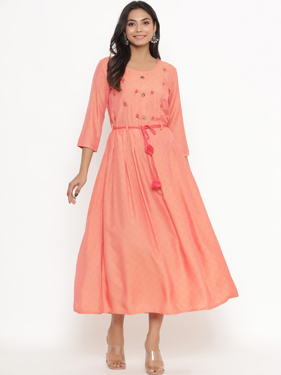 

DIVYANK Women Rust Embroidered Belted Detail Anarkali Kurta