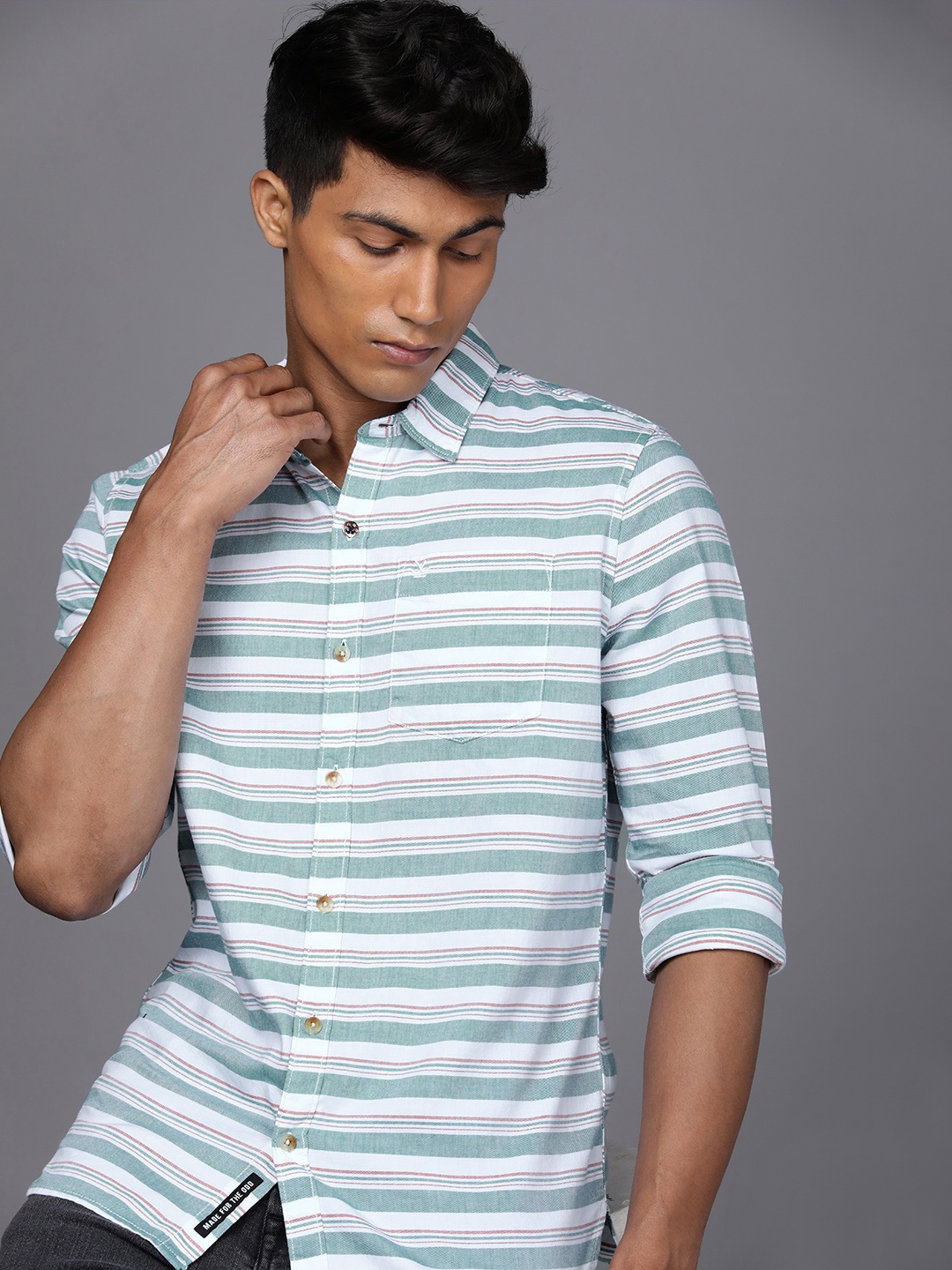 

WROGN Men White Horizontal Stripes Full Sleeves Casual Shirt