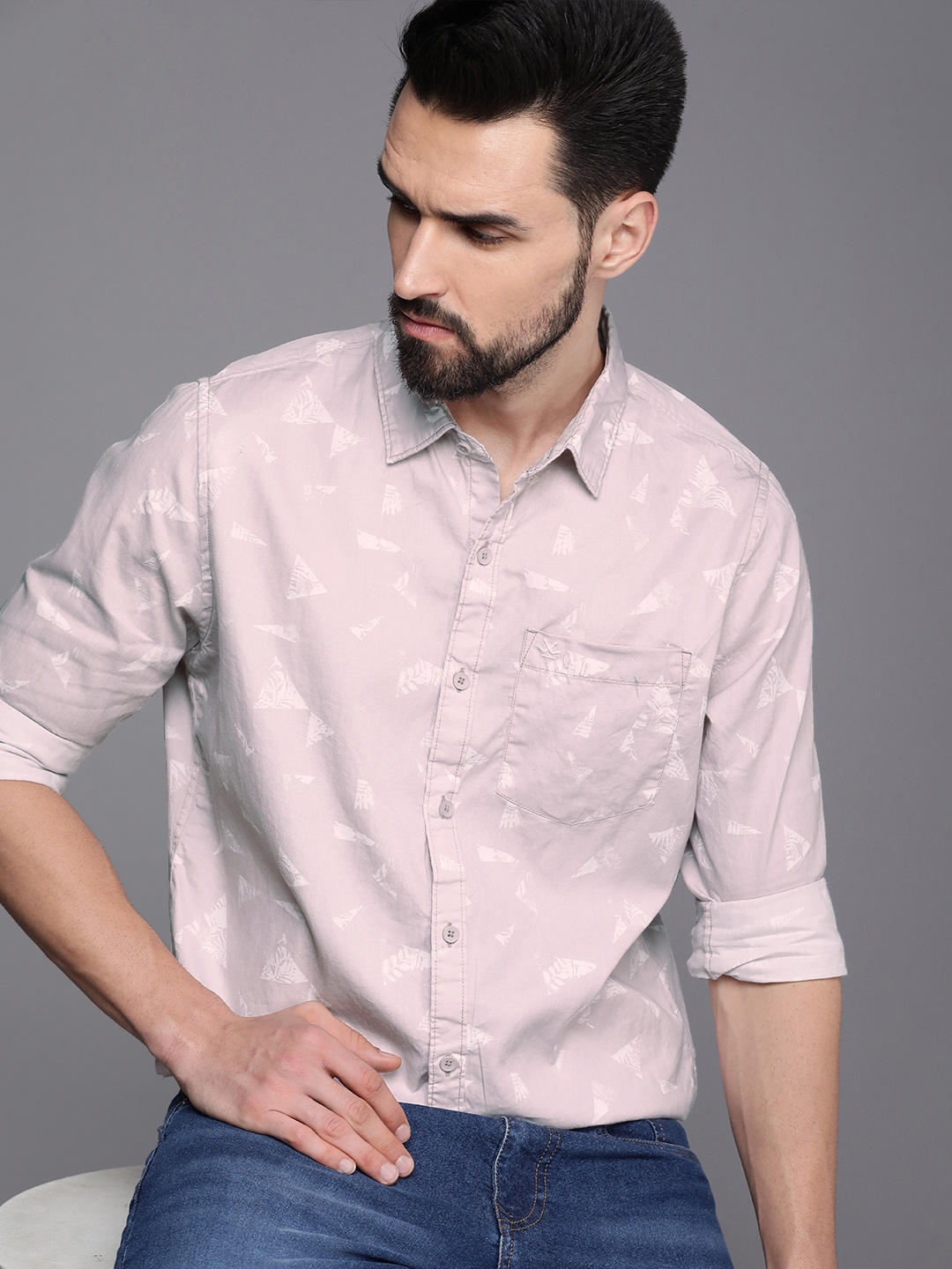 

WROGN Men Light Purple Slim Fit Geometric Printed Pure Cotton Casual Shirt