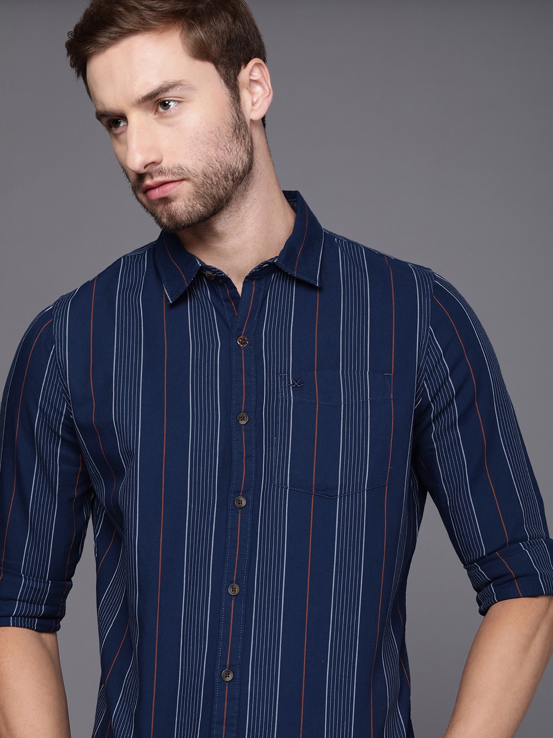 

WROGN Men Navy Blue Slim Fit Multi Stripes Opaque Pure Cotton Casual Shirt with Pocket