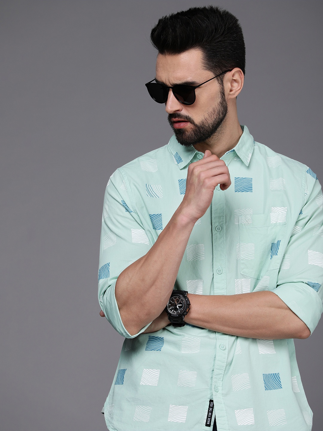 

WROGN Men Light Green & Blue Slim Fit Printed Casual Pure Cotton Shirt