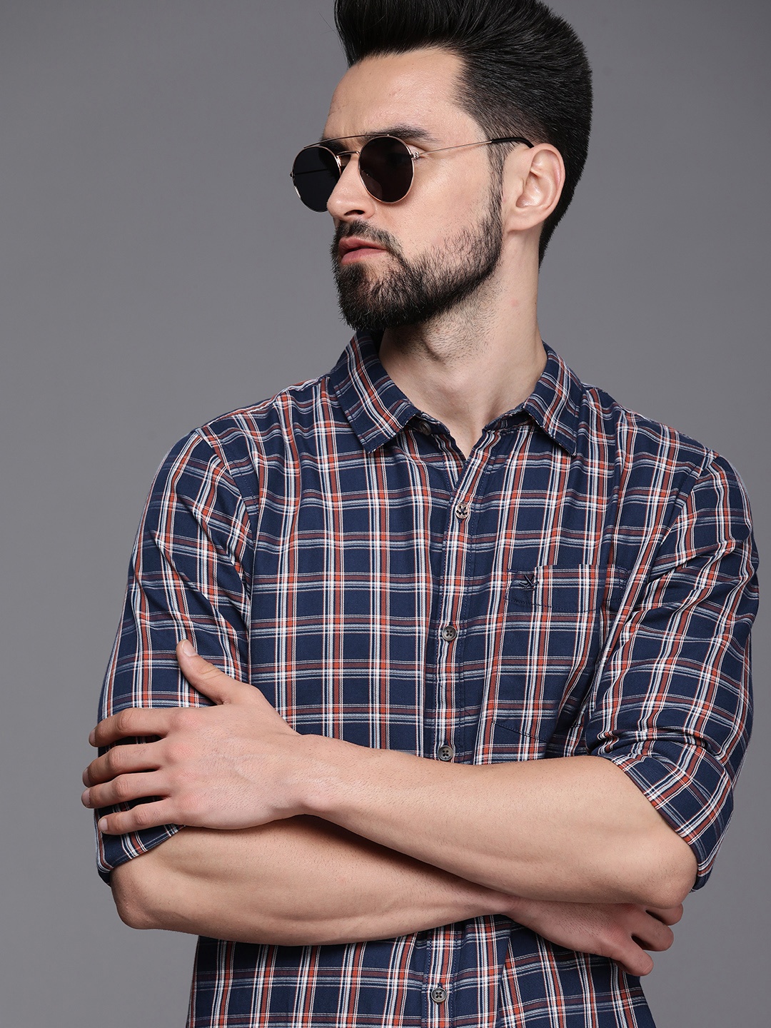 

WROGN Men Blue And Maroon Slim Fit Tartan Checked Pure Cotton Casual Shirt