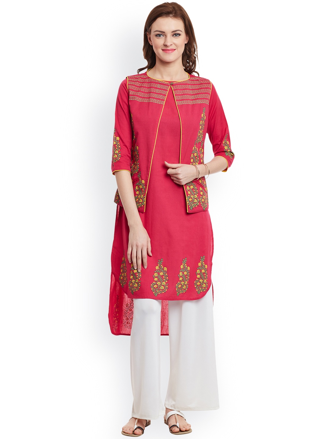 

Bitterlime Women Pink Block Print Kurta with Jacket