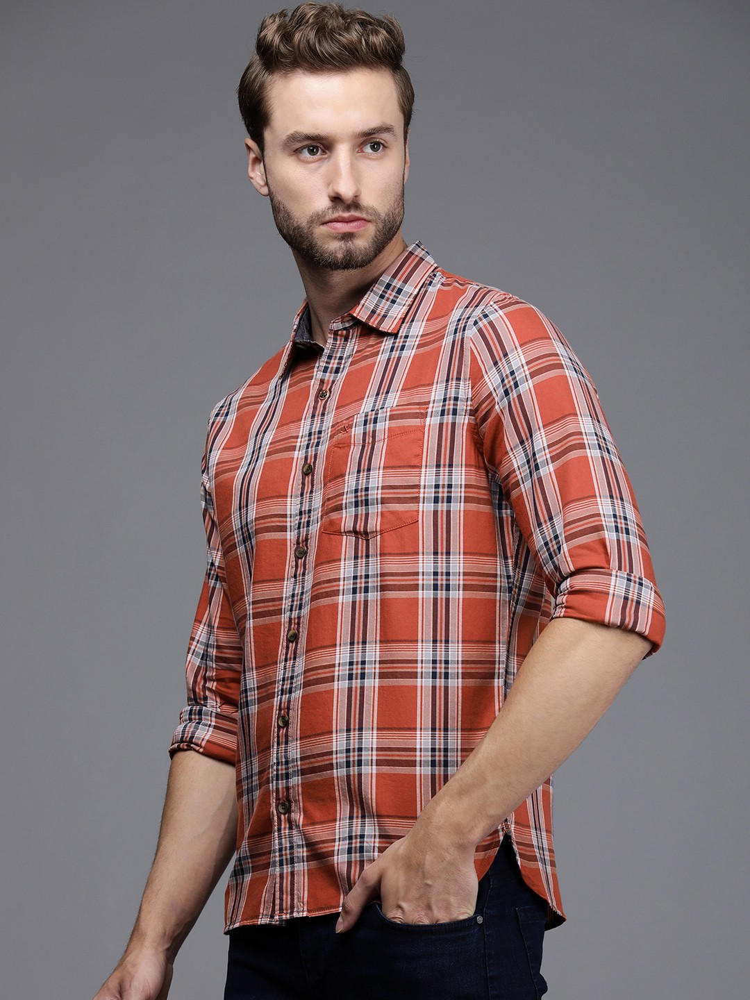 

WROGN Men Orange & Blue Checked Slim Fit Pure Cotton Casual Shirt