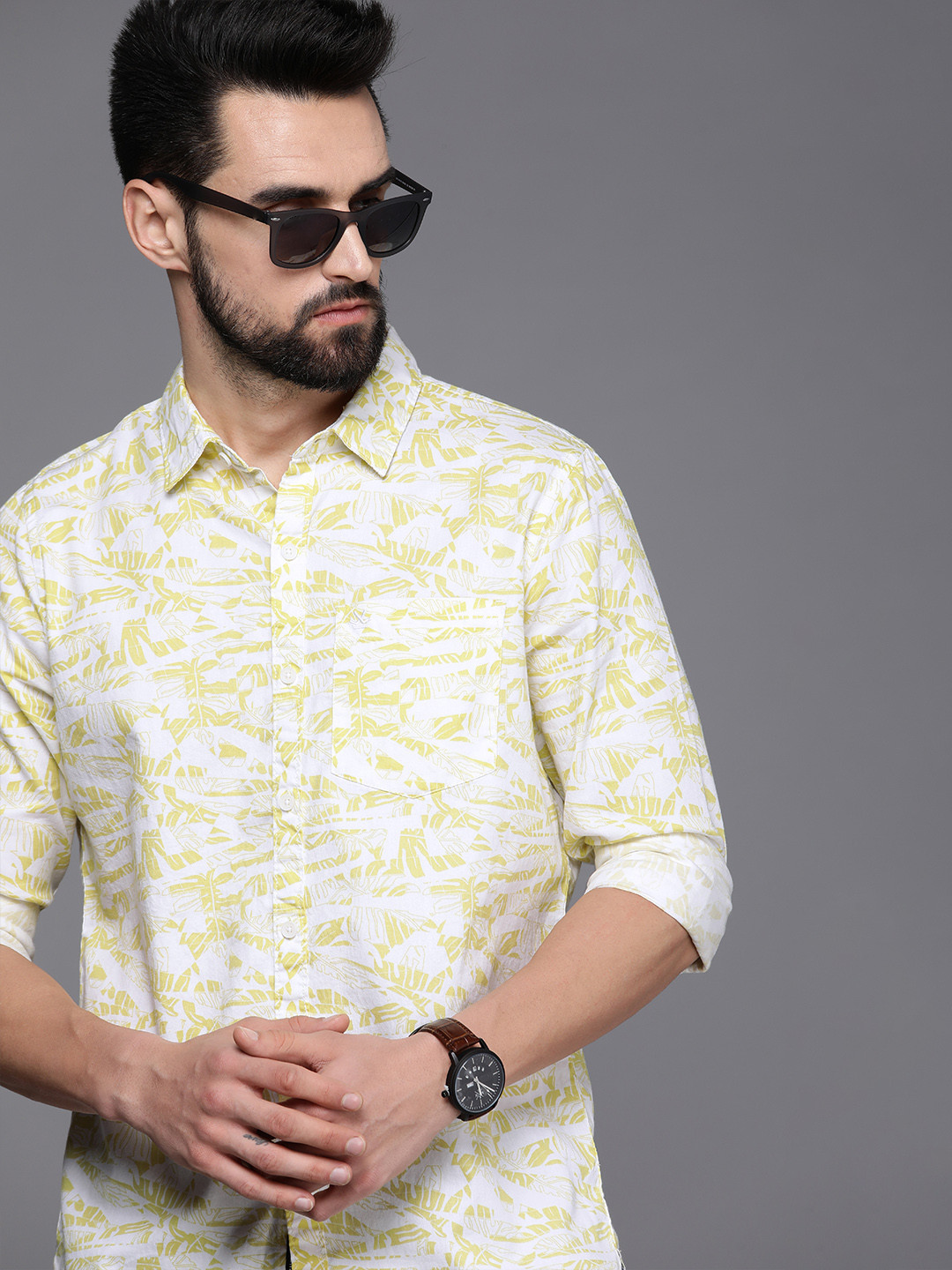 

WROGN Men Green & White Slim Fit Printed Pure Cotton Casual Shirt