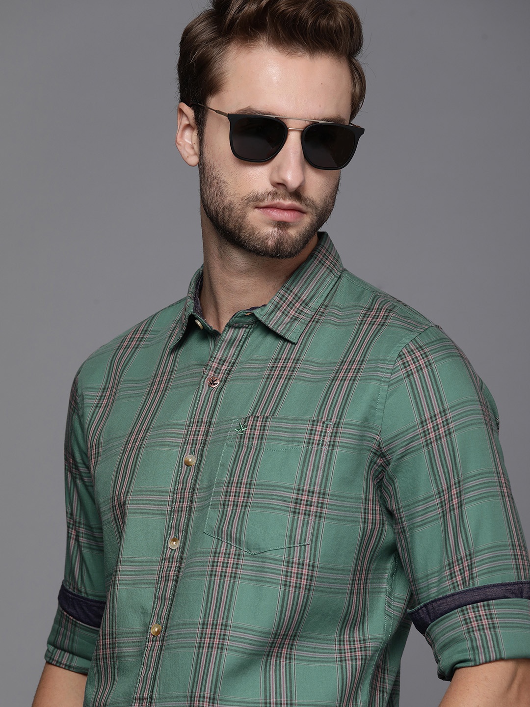 

WROGN Men Teal Green & Red Slim Fit Tartan Checks Pure Cotton Casual Shirt