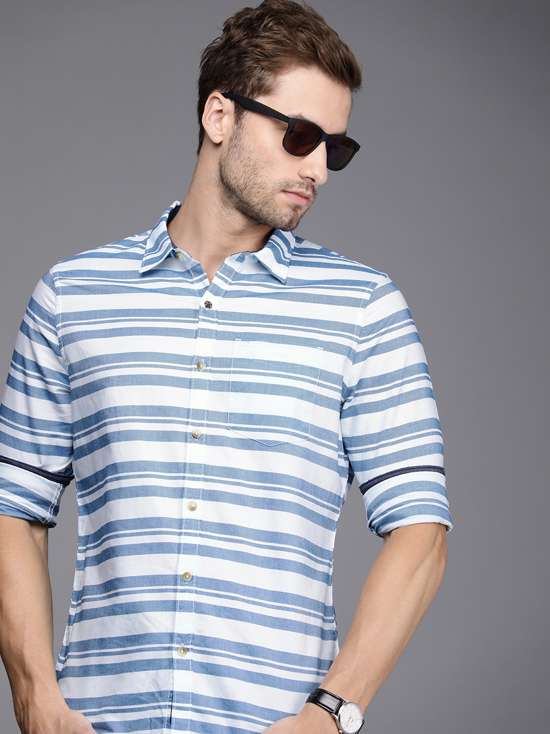 

WROGN Men Blue Slim Fit Multi Stripes Opaque Pure Cotton Casual Shirt with Chest Pocket