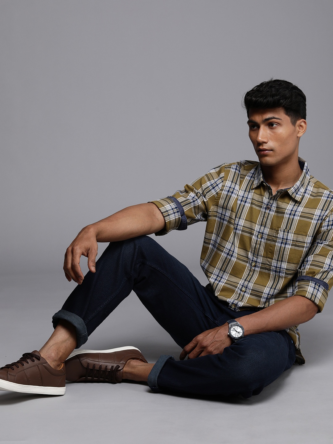 

WROGN Men Brown & Blue Tartan Checks Slim Fit Casual Shirt