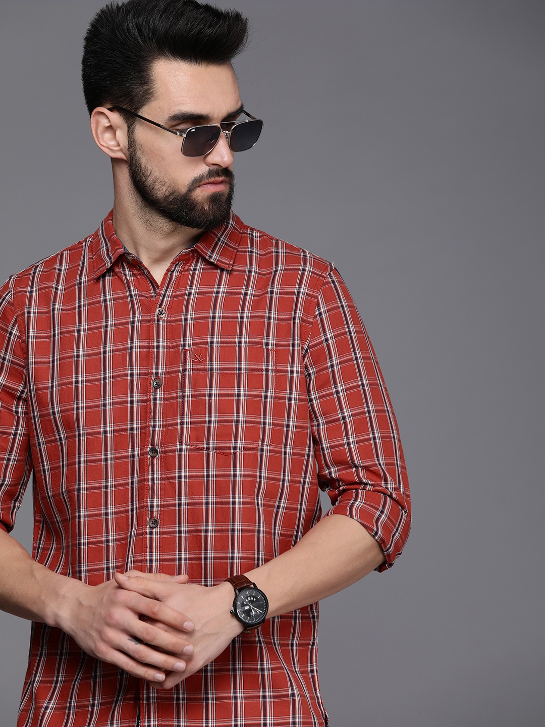 

WROGN Men Rust Red Slim Fit Checked Pure Cotton Casual Shirt
