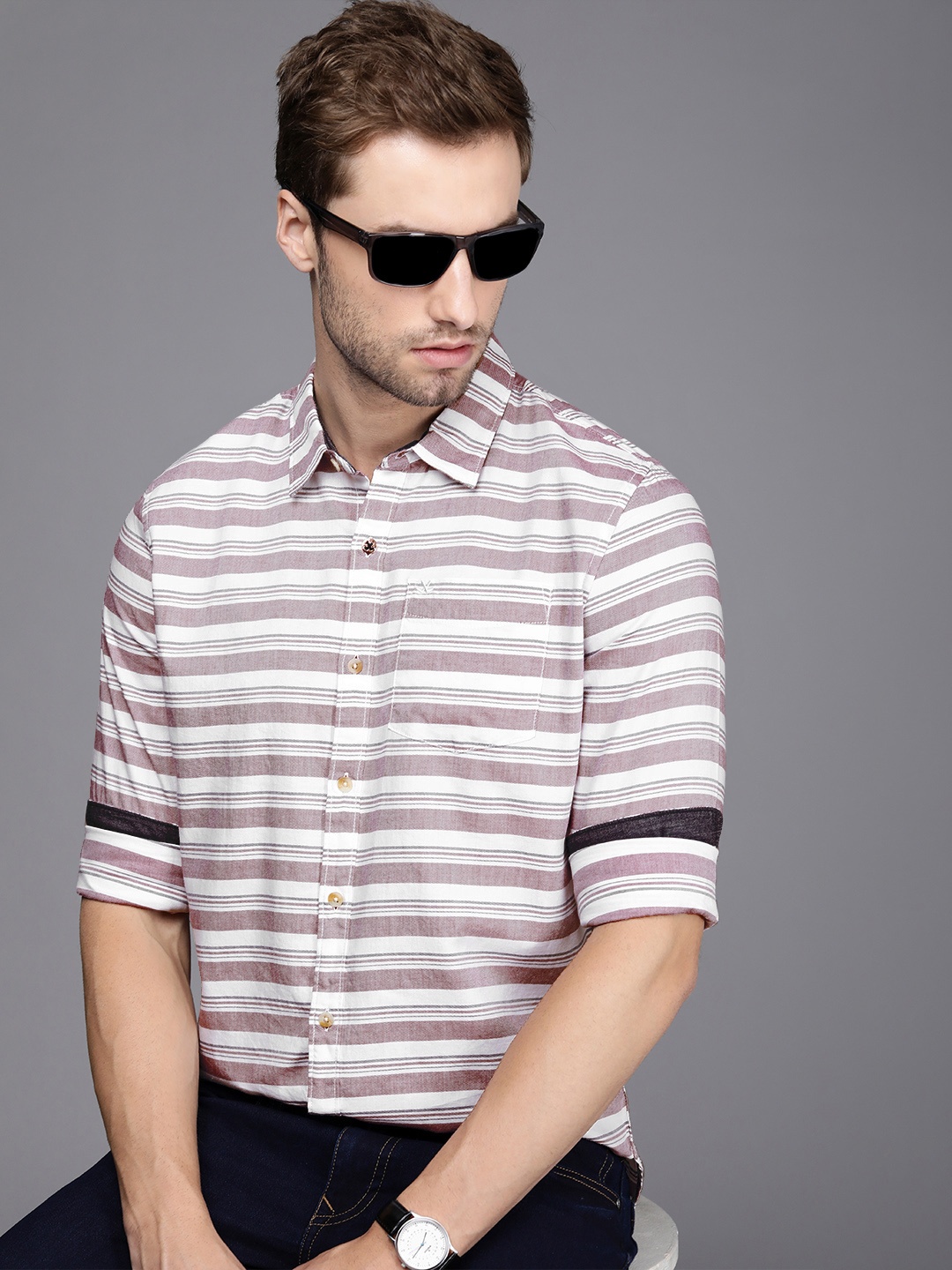 

WROGN Men Red Slim Fit Multi Stripes Opaque Pure Cotton Casual Shirt with Chest Pocket