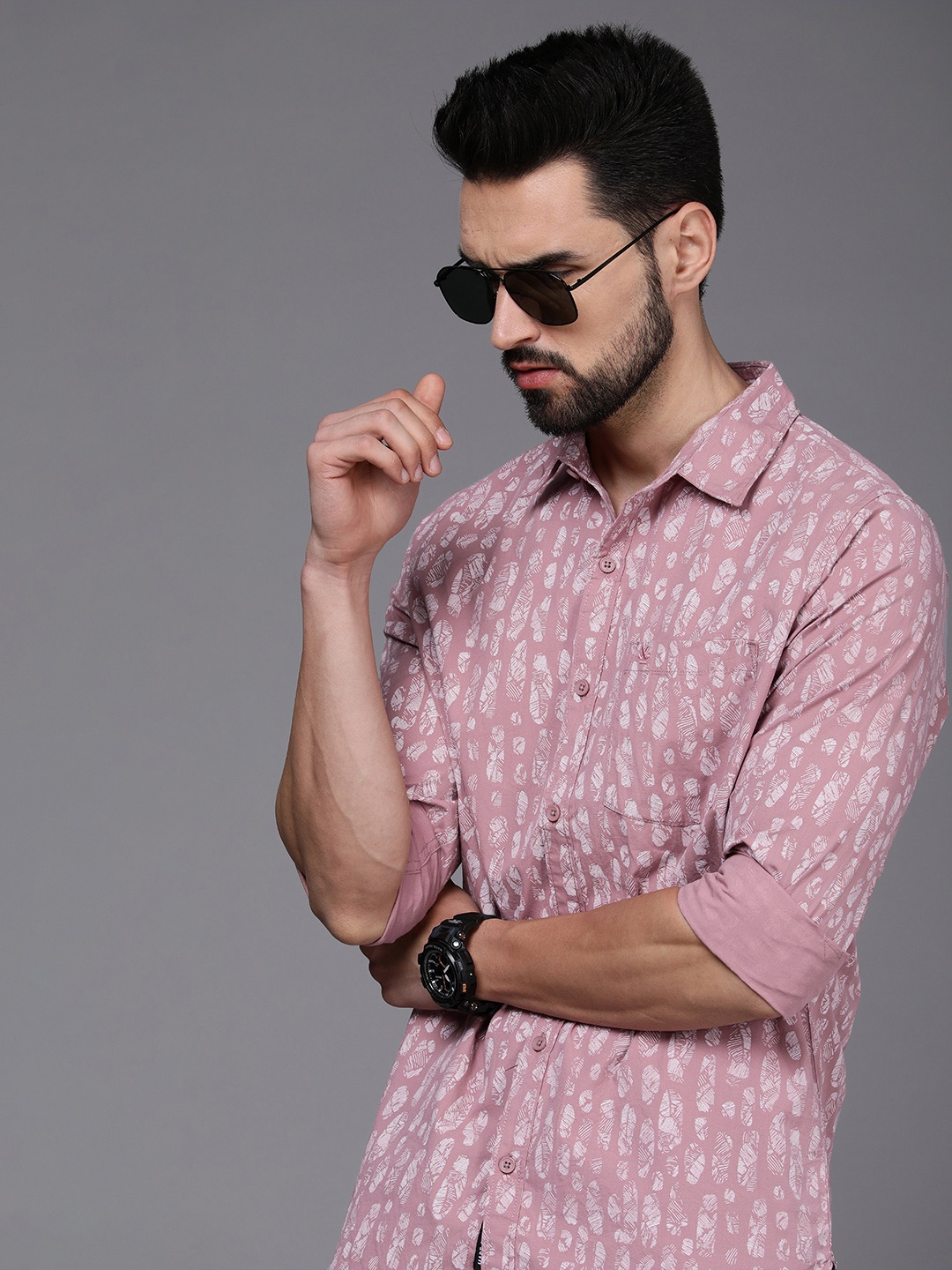 

WROGN Men Pink & White Slim Fit Printed Casual Pure Cotton Shirt