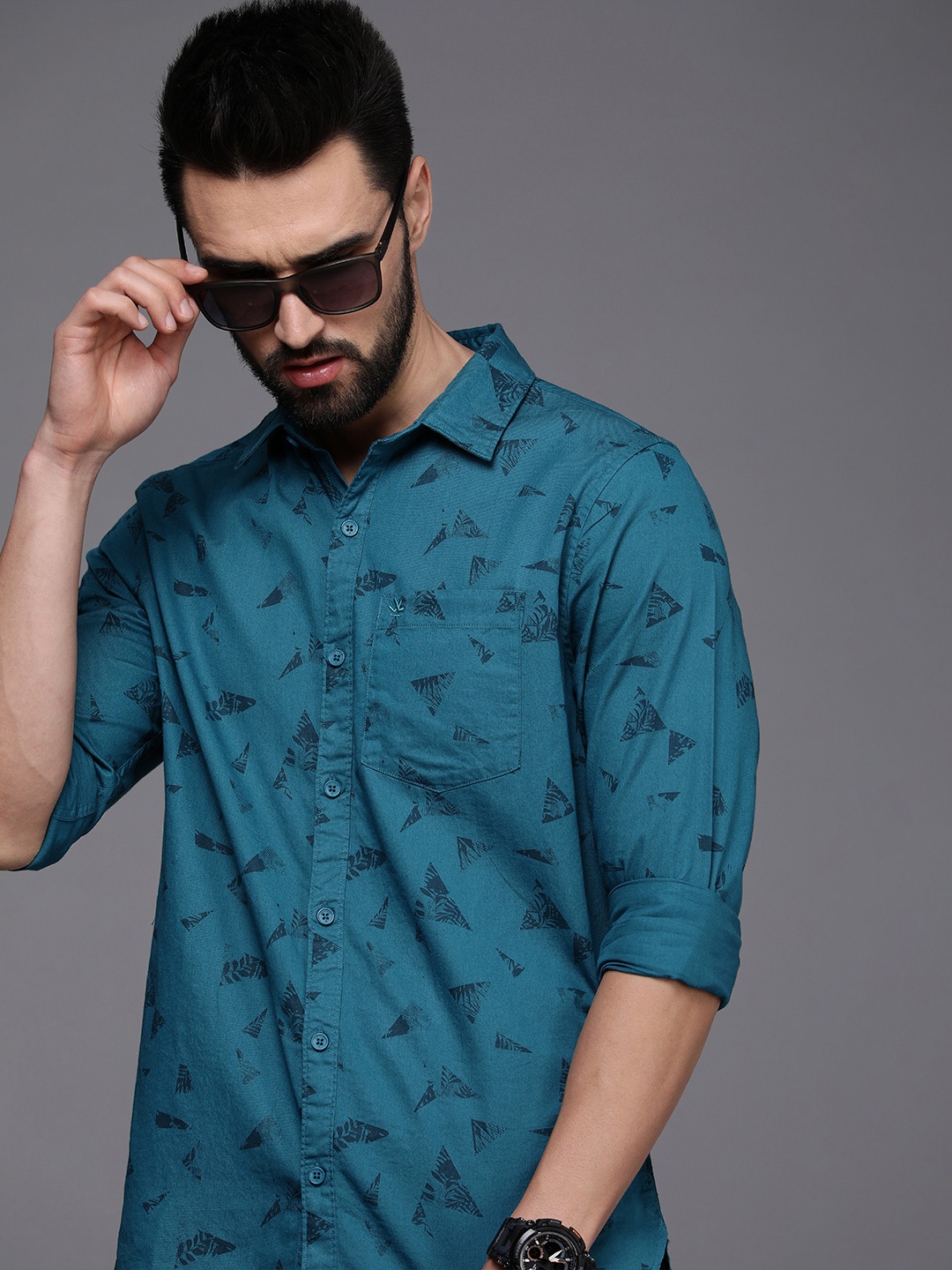 

WROGN Men Blue Slim Fit Printed Casual Pure Cotton Shirt
