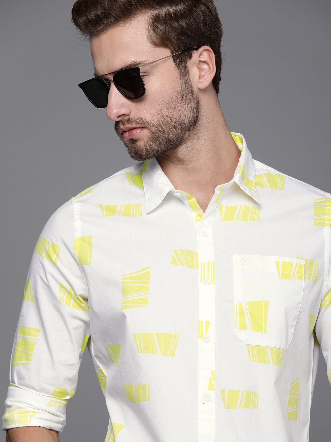 

WROGN Men White & Yellow Slim Fit Printed Pure Cotton Casual Shirt