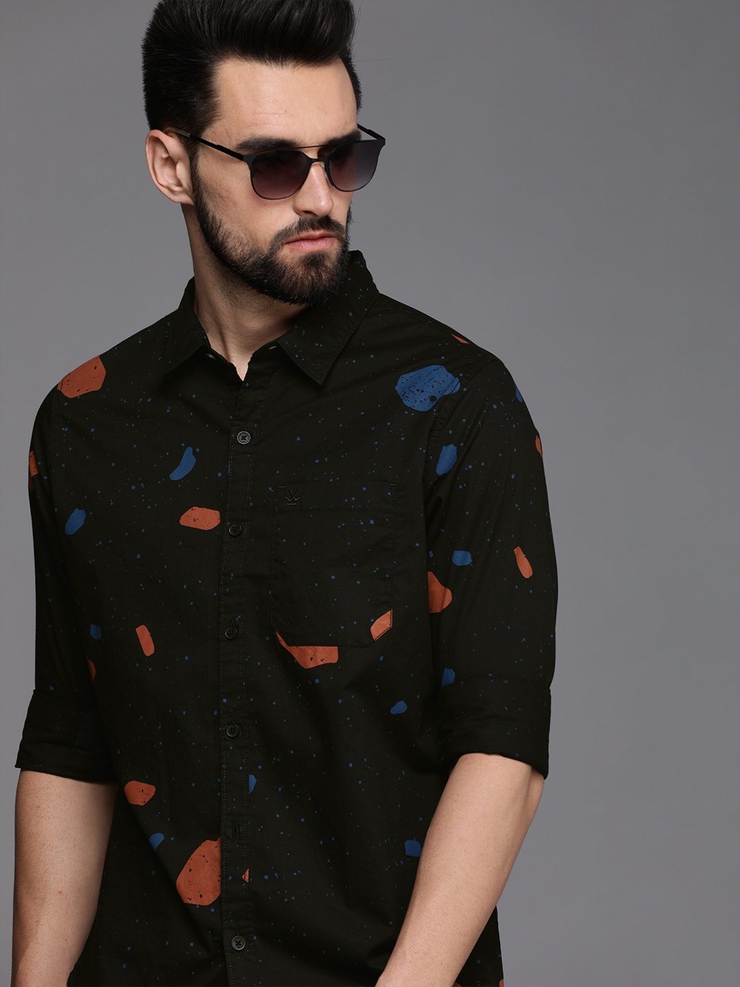 

WROGN Men Black Slim Fit Printed Casual Pure Cotton Shirt
