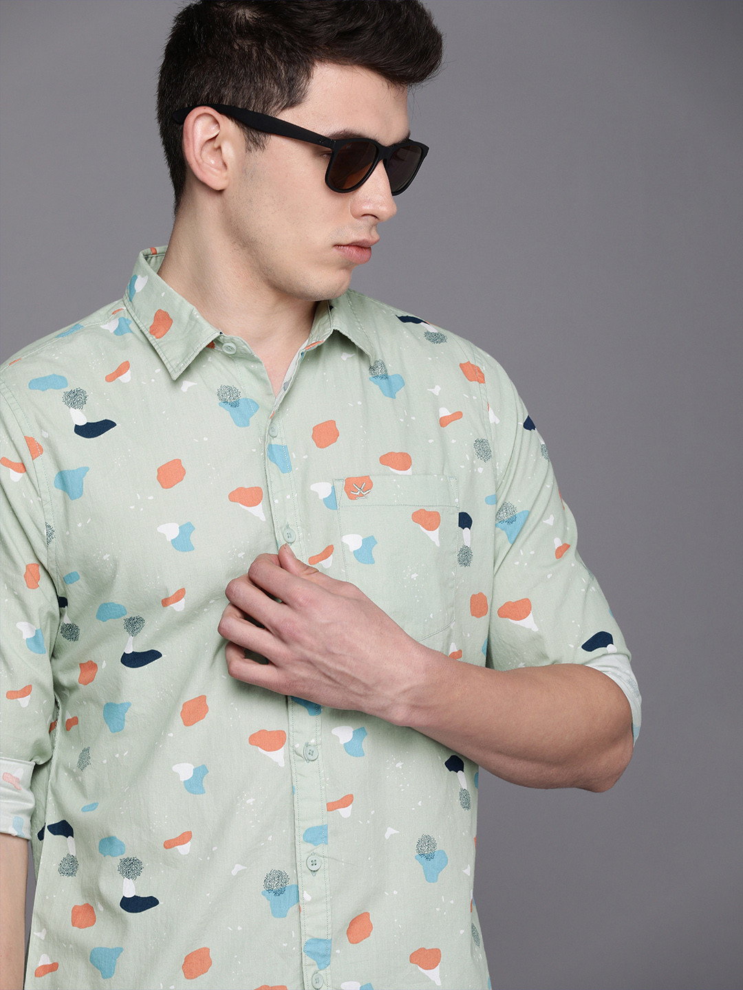 

WROGN Men Green & Blue Slim Fit Printed Pure Cotton Casual Shirt