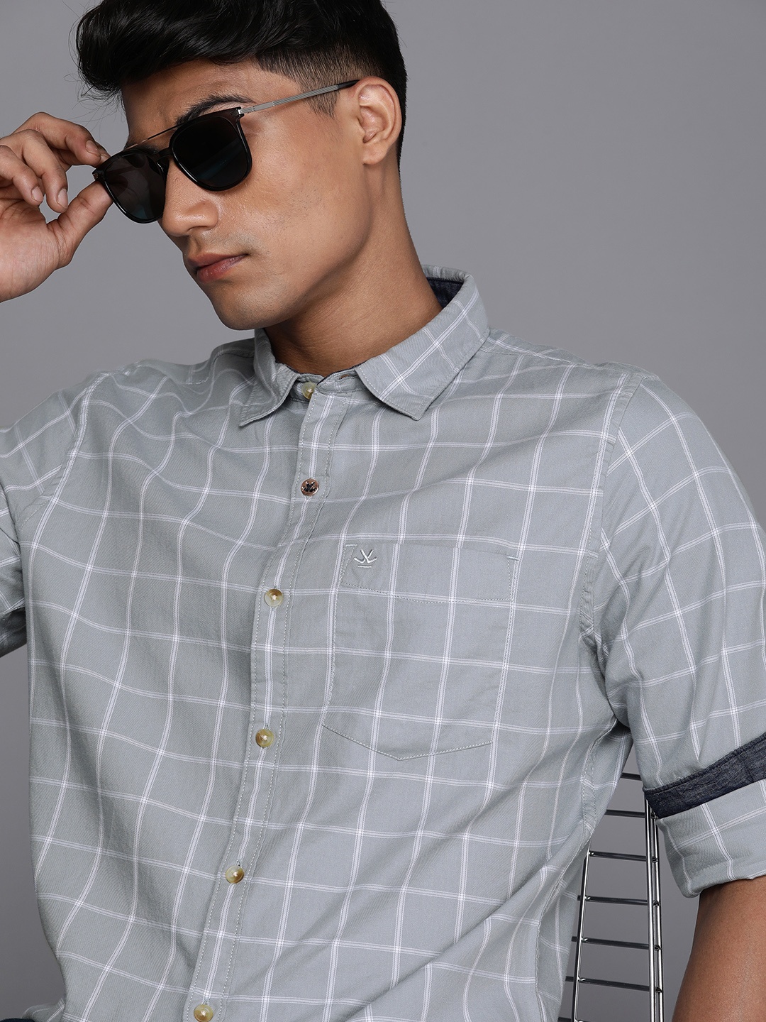 

WROGN Men Grey Windowpane Checks Full Sleeves Casual Shirt