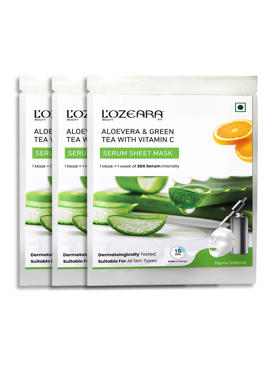 

LOZEARA BEAUTY N.Y Set of 3 Aloevera & Green Tea Face Serum Sheet Mask 25 g each