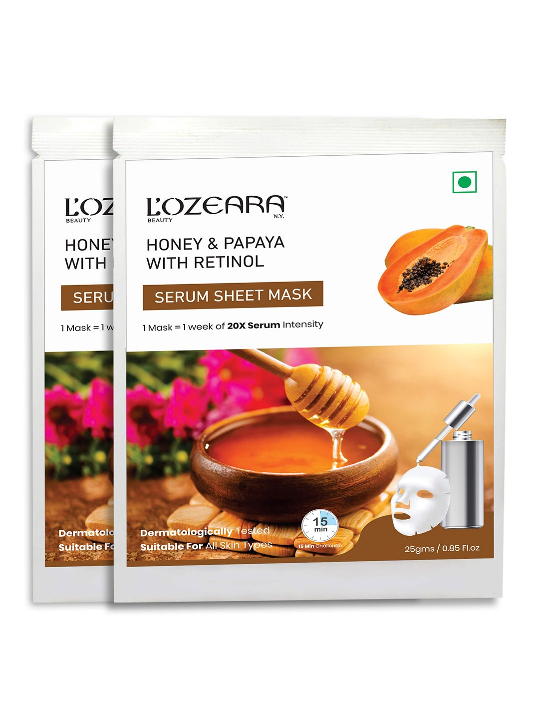 

LOZEARA BEAUTY N.Y Set of 2 Honey & Papaya With Retinol Serum Sheet Masks 25 gm Each, Red