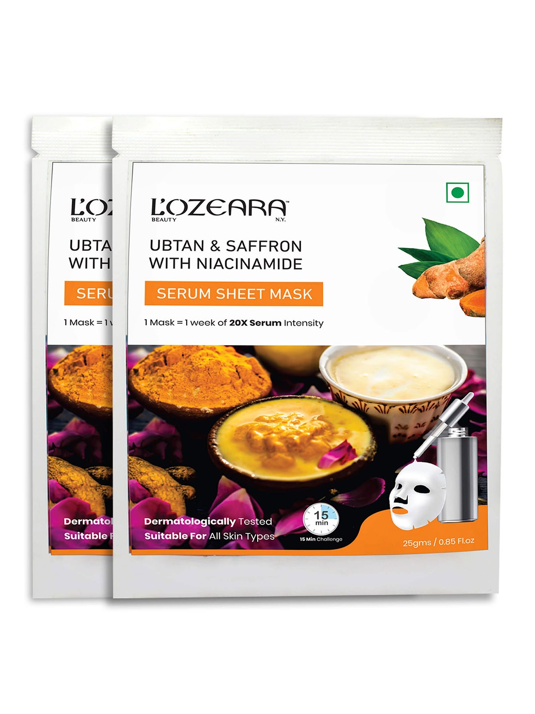 

LOZEARA BEAUTY N.Y Set Of 2 Ubtan Serum Face Sheet Mask 50 ml, Orange