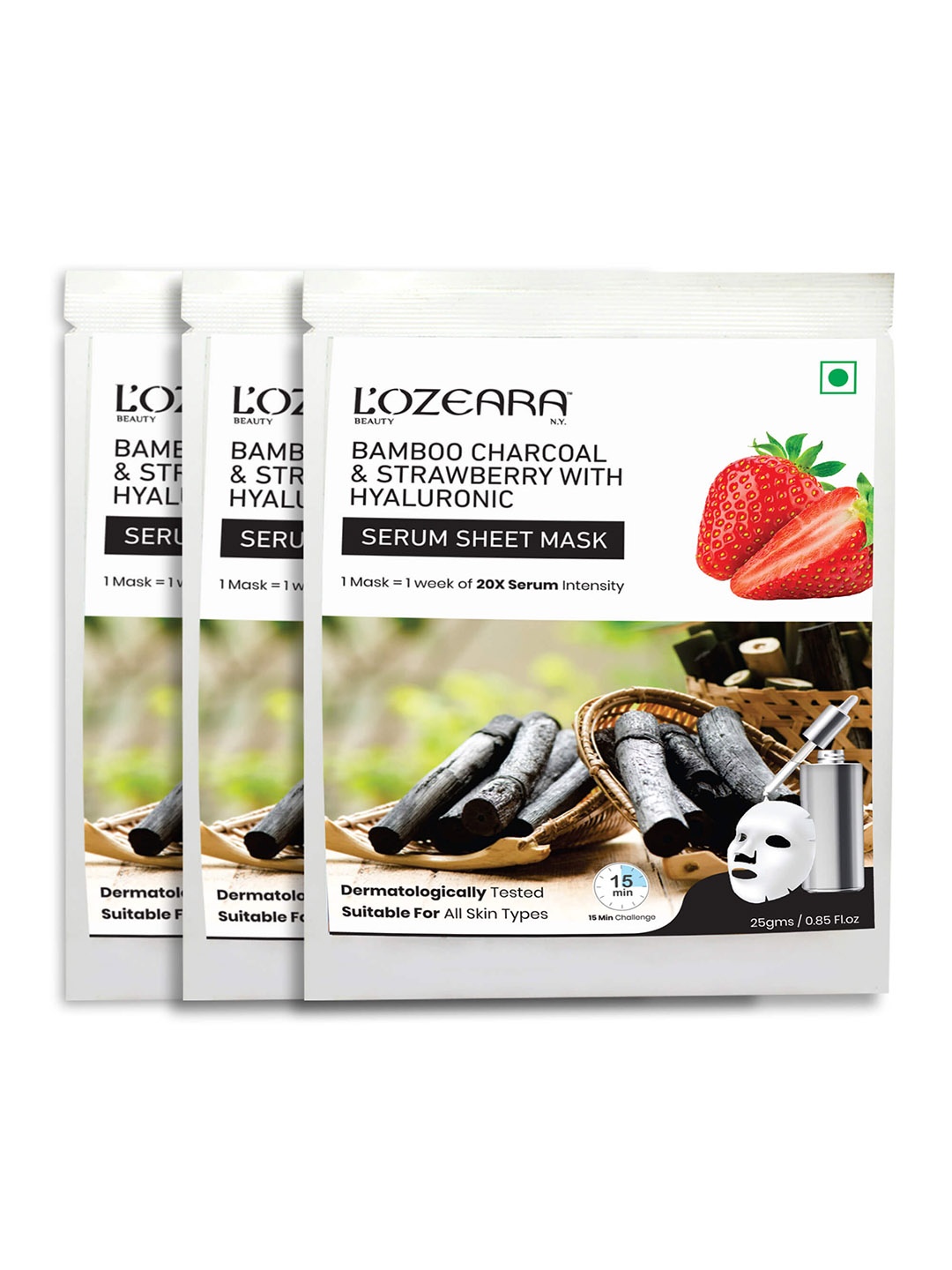 

LOZEARA BEAUTY N.Y Set of 3 Bamboo Charcoal & Strawberry Face Serum Sheet Mask 25 g each, Black