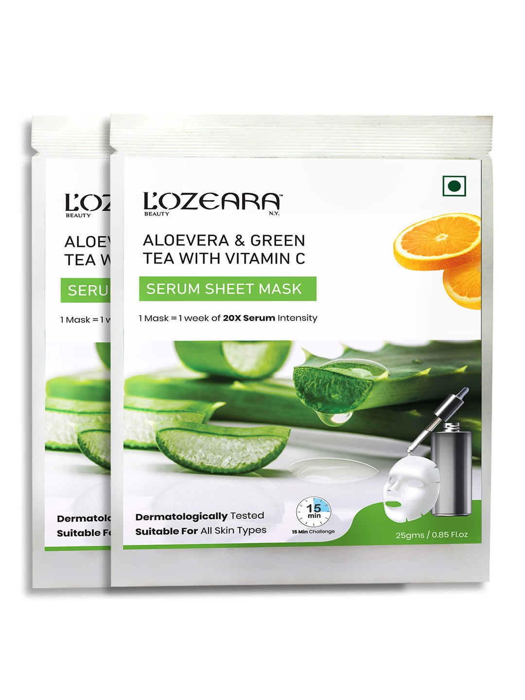 

LOZEARA BEAUTY N.Y Set of 2 Aloevera & Green Tea Face Serum Sheet Mask 25 g each