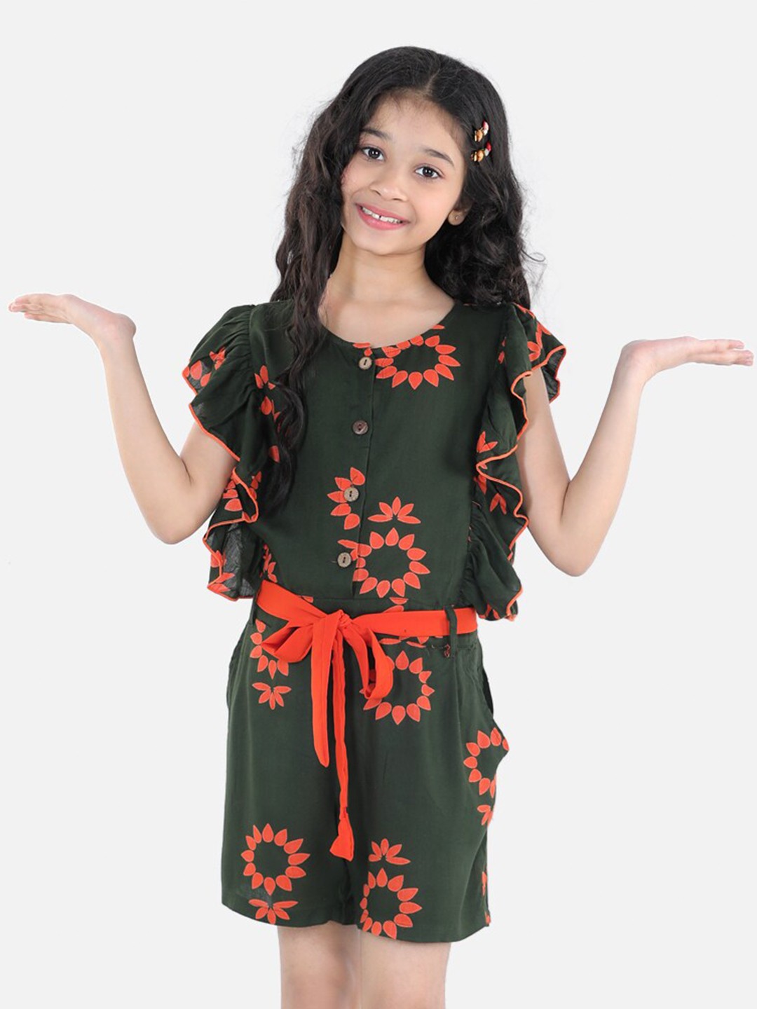 

Cutiekins Girls Green & Red Printed with Ruffles Jumpsuit