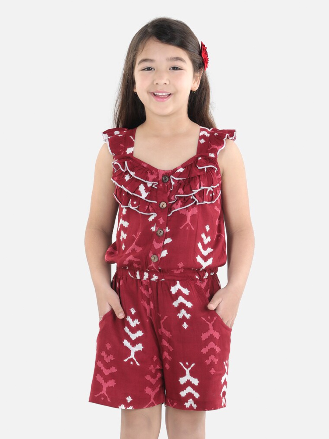 

Cutiekins Girls Maroon & White Printed with Ruffles Jumpsuit