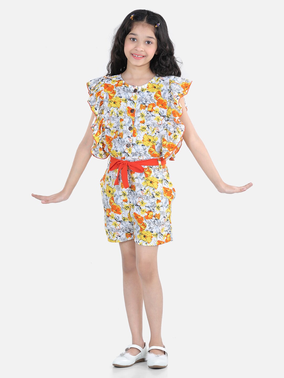 

Cutiekins Girls White & Orange Printed with Ruffles Jumpsuit