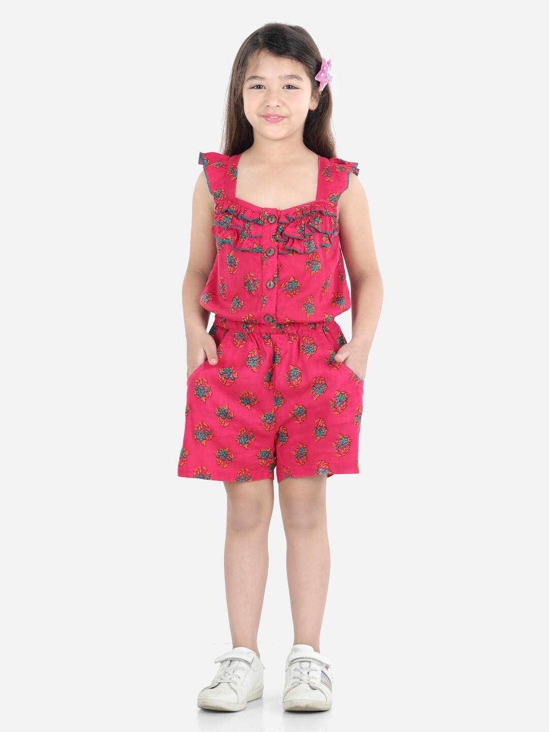 

Cutiekins Girls Pink & Green Printed with Ruffles Jumpsuit