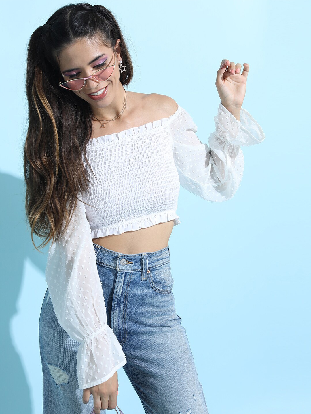 

Tokyo Talkies White Off-Shoulder Bardot Crop Top