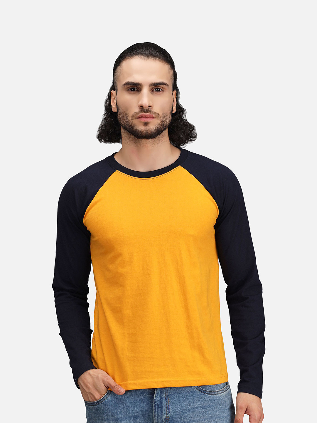 

PockMAN Men Mustard & Navy Blue Colourblocked Raglan Sleeves Cotton T-shirt