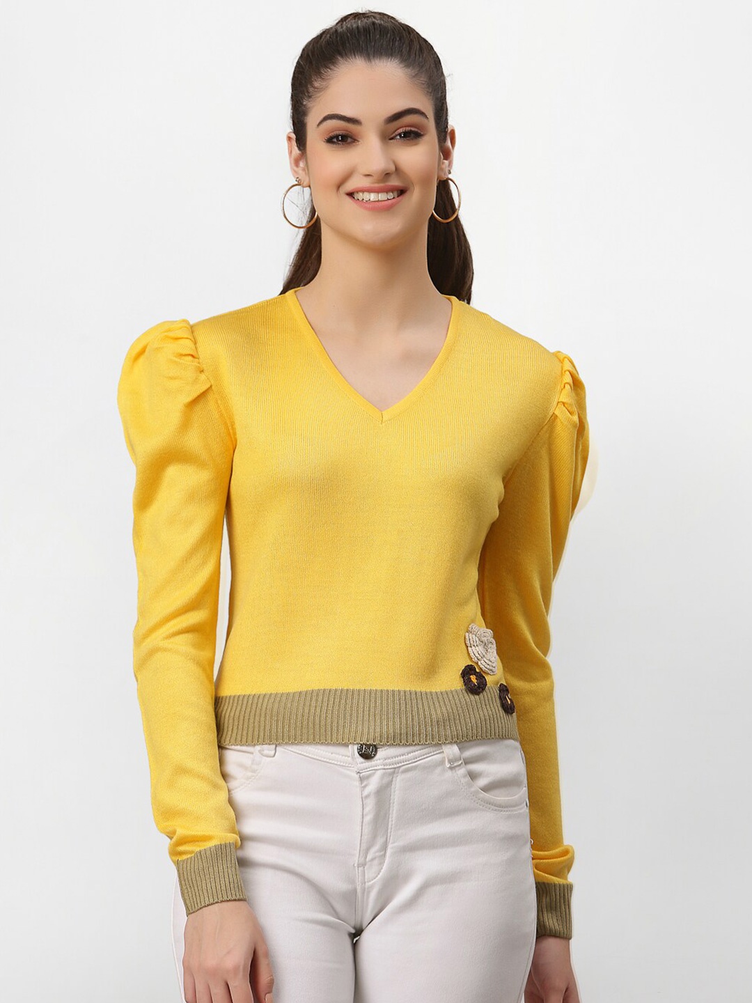 

Miramor Women Yellow & Cream-Coloured Puff Sleeves Acrylic Pullover with Applique Detail