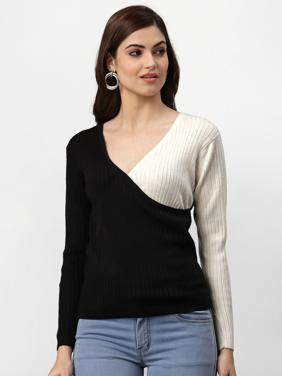 

Miramor Women Black & White Colourblocked Acrylic Pullover