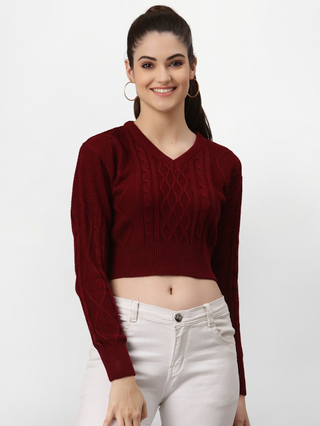 

Miramor Women Red Cable Knit Crop Pullover