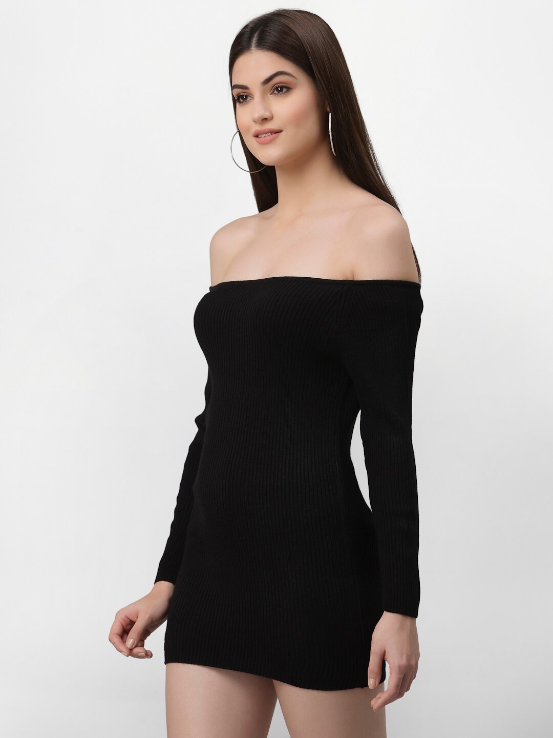

Miramor Black Solid Off-Shoulder Bodycon Mini Dress