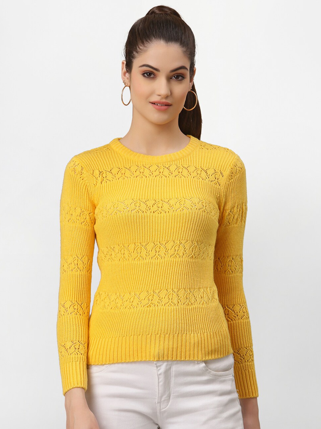 

Miramor Women Yellow Self Design Pullover