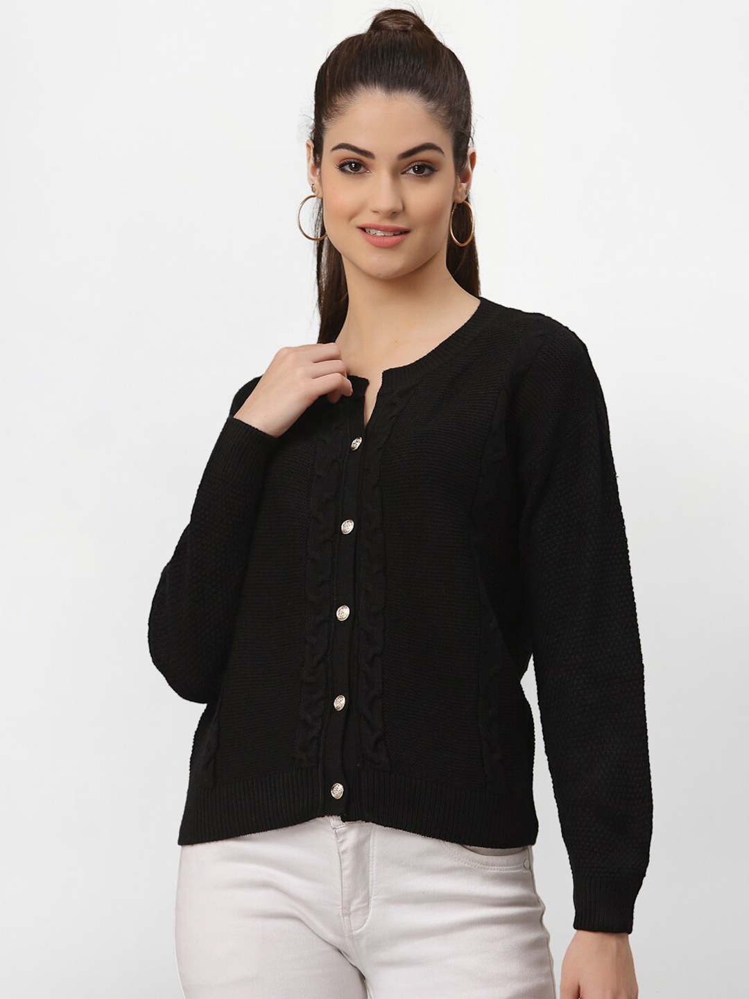 

Miramor Women Black Solid Long Sleeves Cardigan Sweater