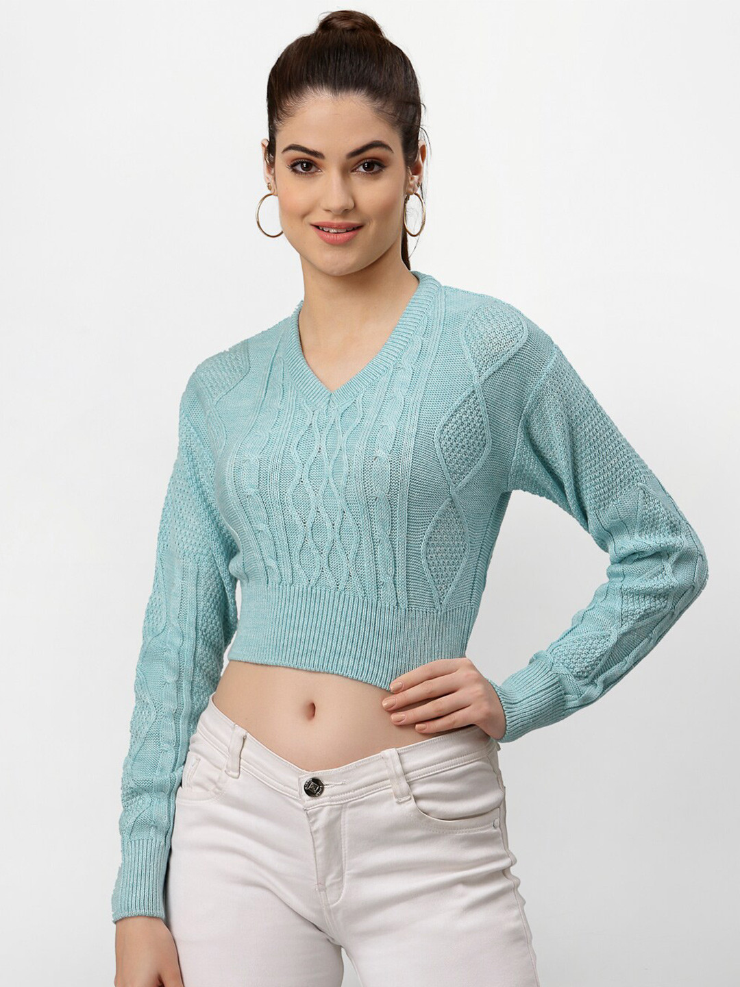 

Miramor Women Acrylic Turquoise Blue Cable Knit Crop Pullover