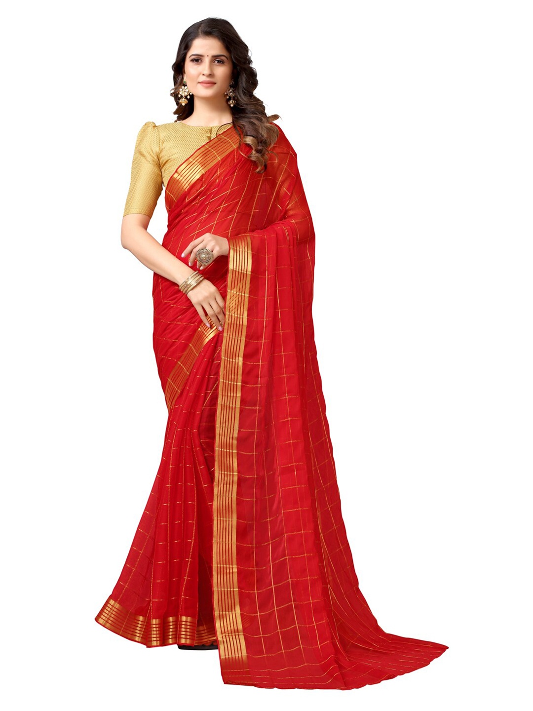 

KALINI Red & Gold-Toned Checked Zari Border Saree