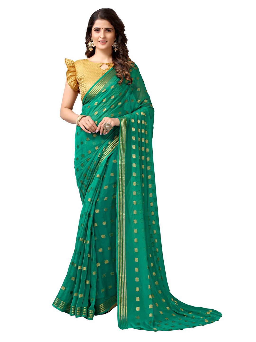 

KALINI Green & Gold-Toned Woven Design Zari Saree
