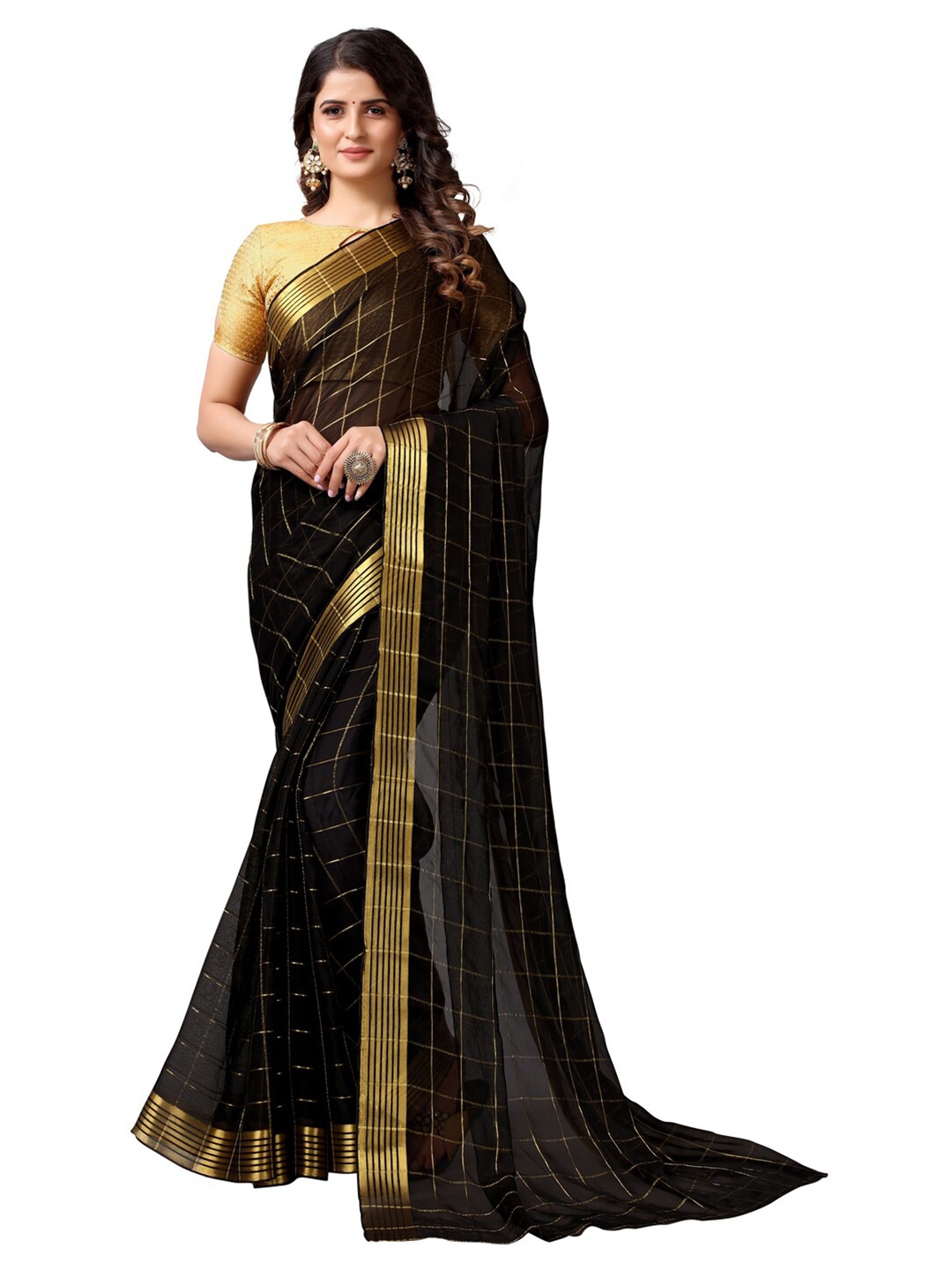 

KALINI Black & Gold-Toned Checked Zari Saree