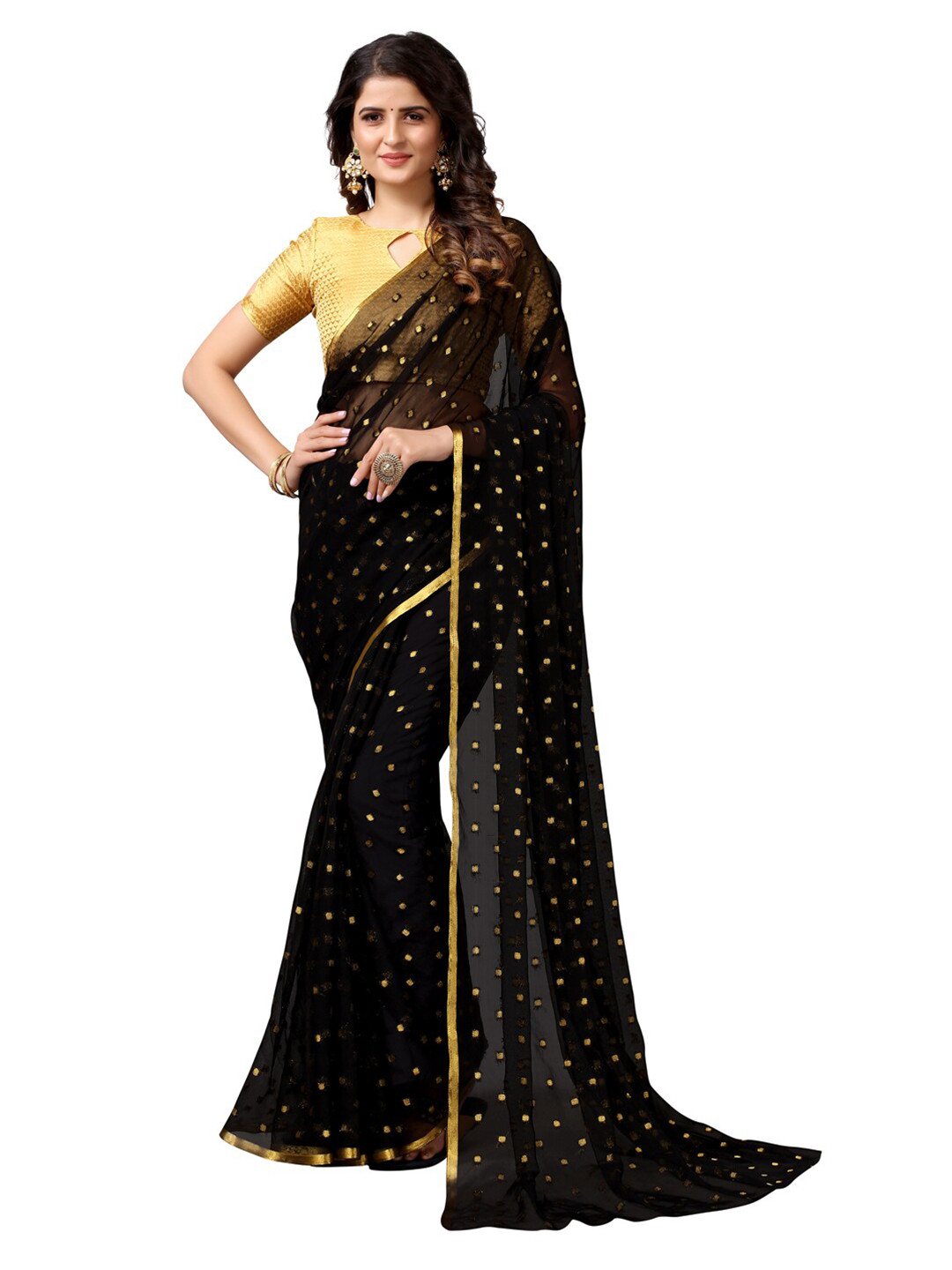 

KALINI Black & Gold-Toned Woven Design Zari Border Saree