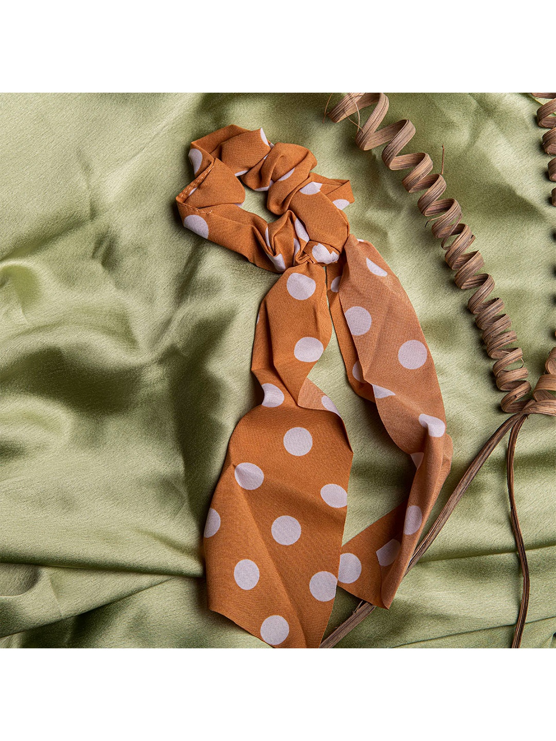Jewelz Women Orange & White Polka Dots Printed Ponytail Holder