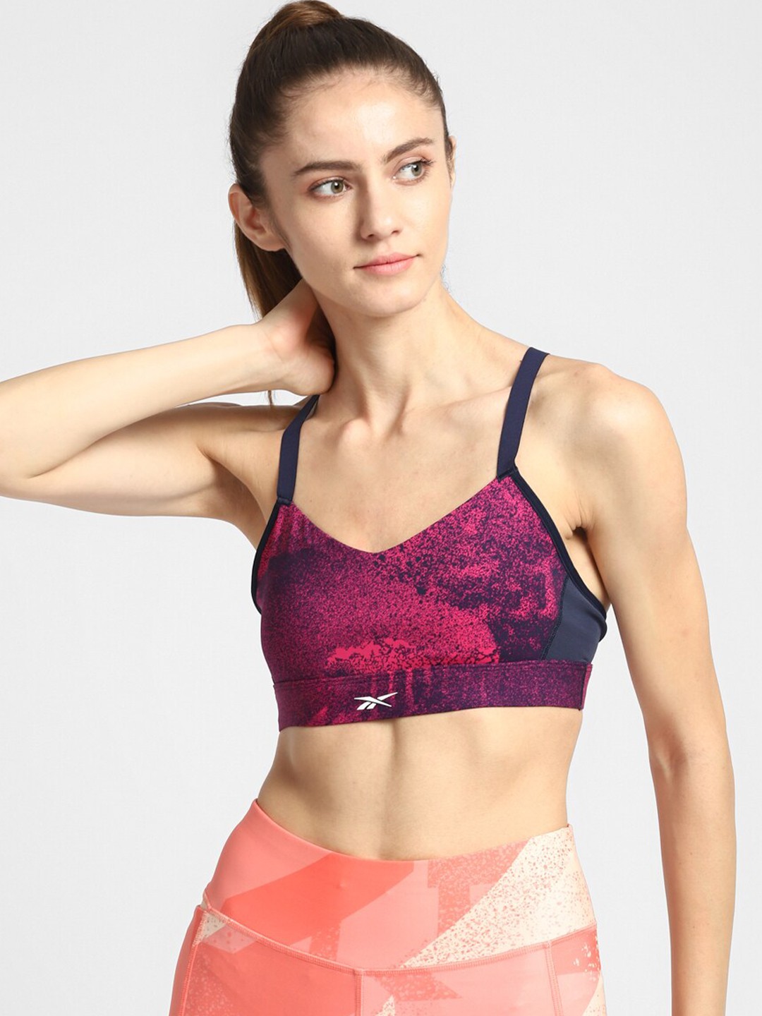 

Reebok Navy Blue & Pink Abstract Styled Back Bra