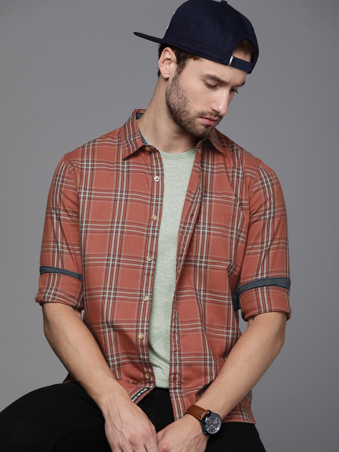 

WROGN Men Pink & Blue Slim Fit Tartan Checks Pure Cotton Casual Shirt