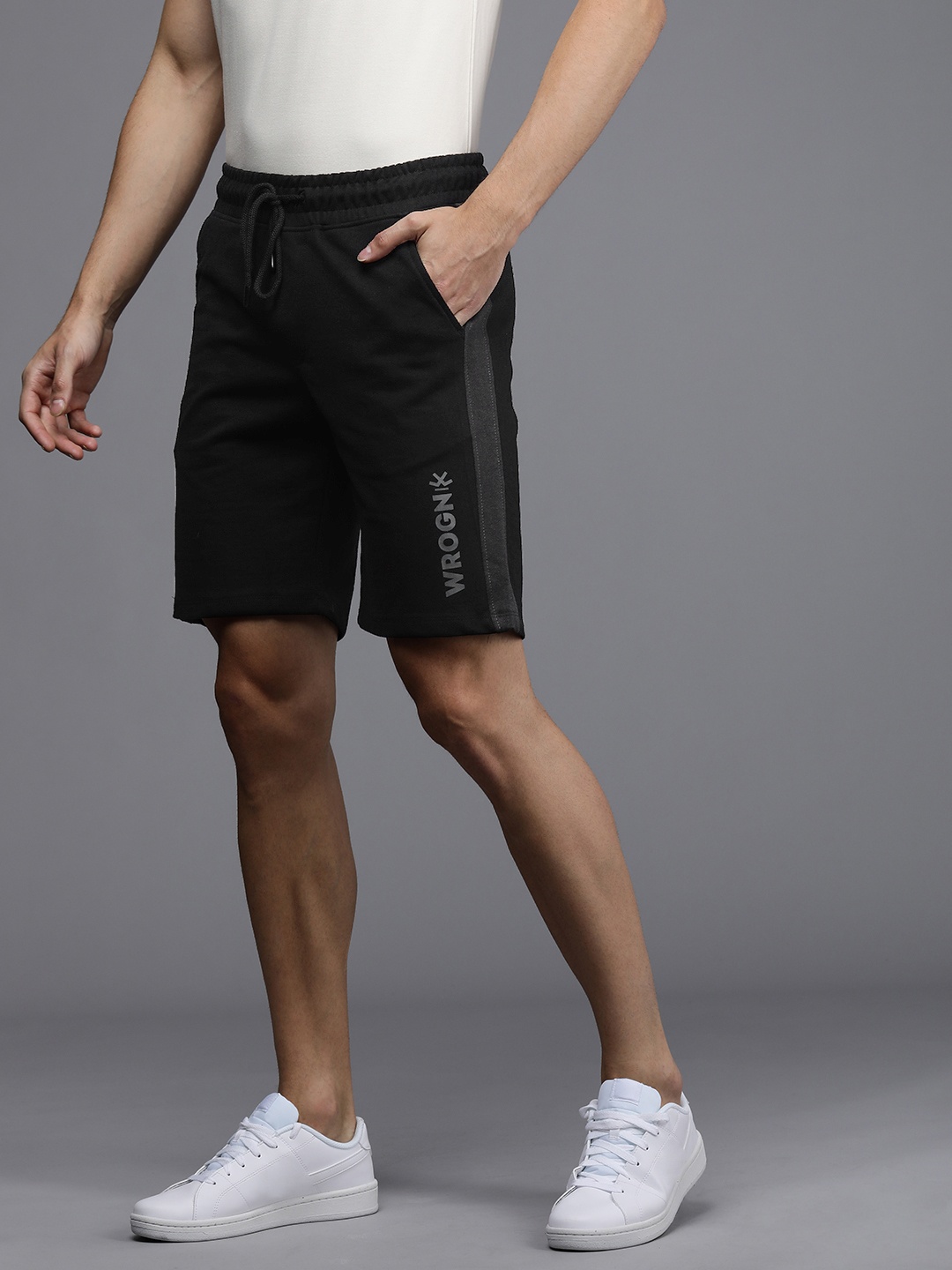 

WROGN Men Black Solid Slim Fit Shorts Mid-Rise Regular Shorts with Side Taping