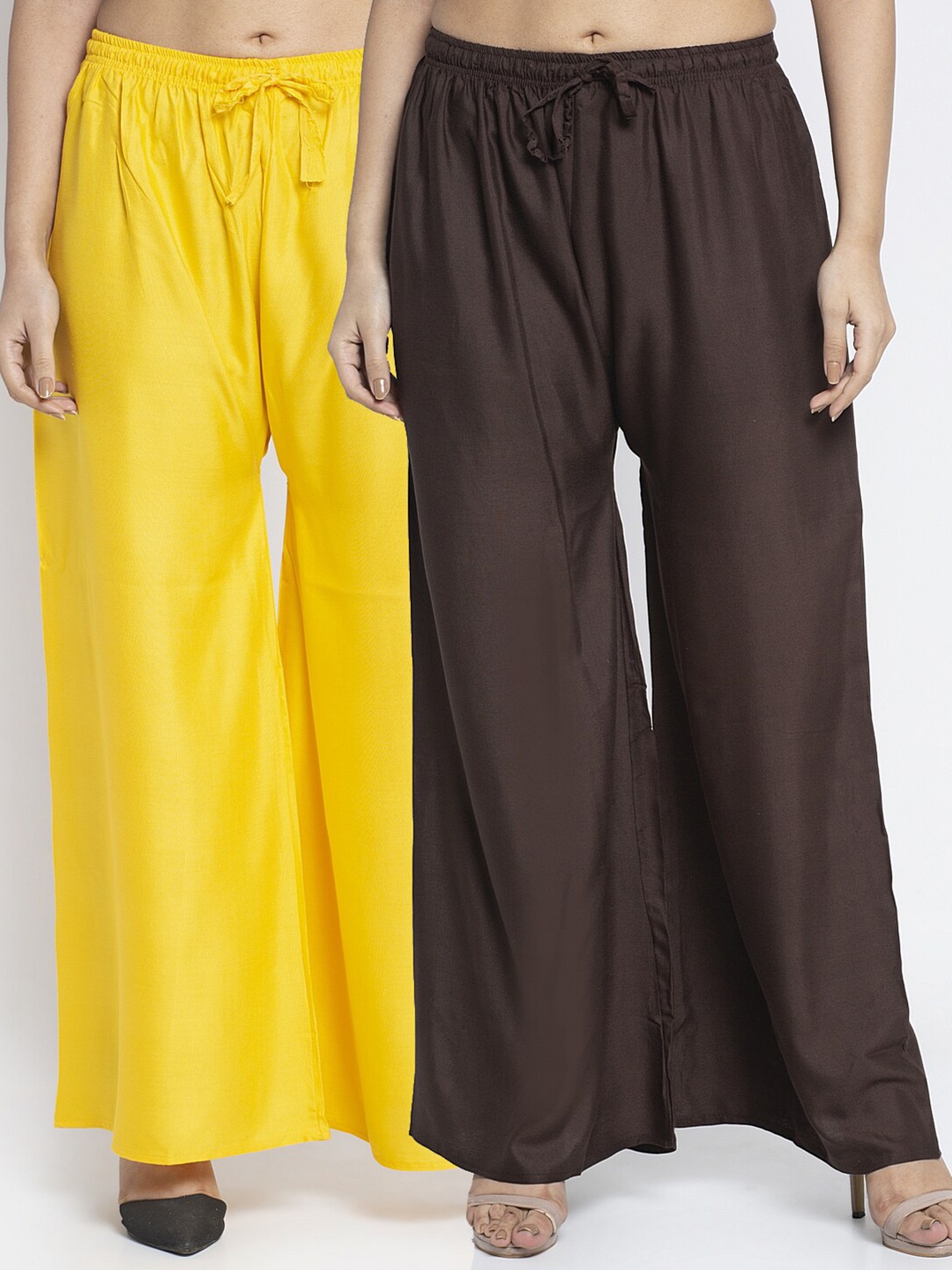 

Jinfo Women Yellow & Coffee Brown Flared Ethnic Palazzos Set Of 2