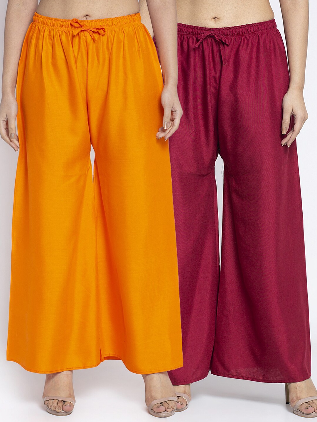 

Jinfo Women Orange & Maroon Set Of 2 Solid Wide Leg Fit Palazzo