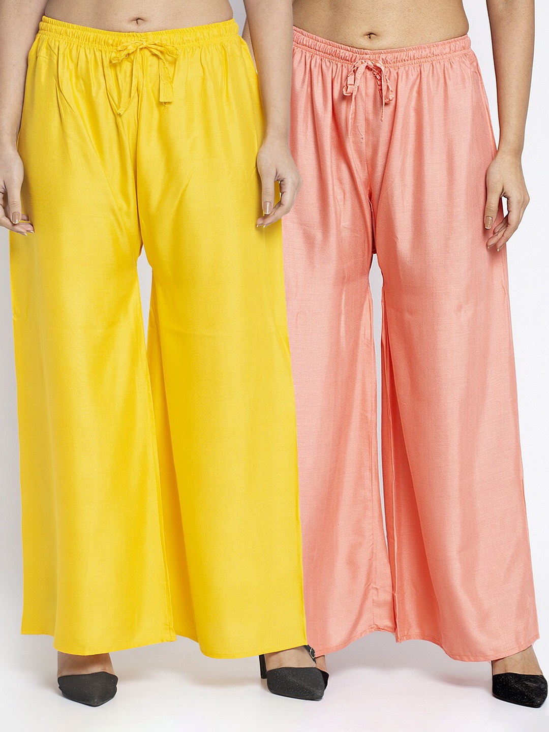 Jinfo Women Pack of 2 Yellow & Peach-Coloured Wide Leg Palazzos
